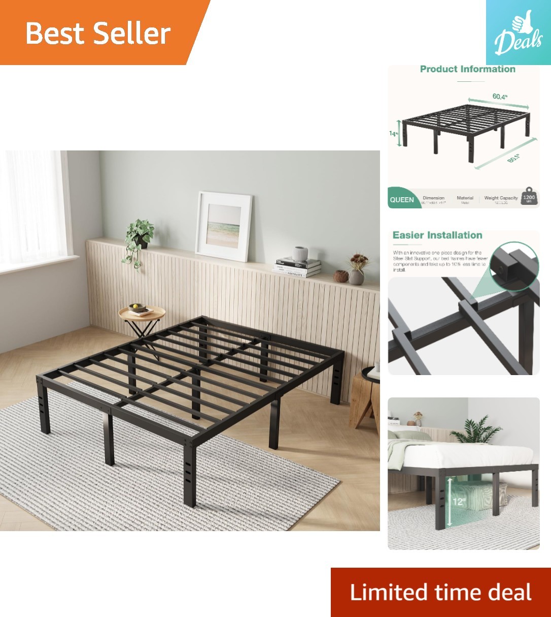Squeak Resistant 14 Inch Metal Queen Bed Frame with Stylish Storage Solution gallery
