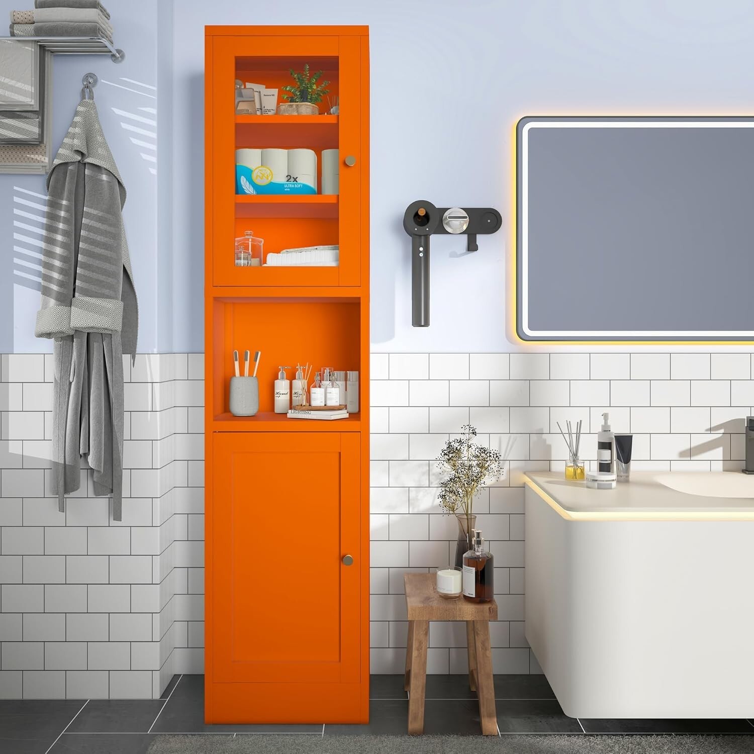 Elegro 67"H Metal Slim Bathroom Storage Cabinet With Glass Doors For Bathroom gallery
