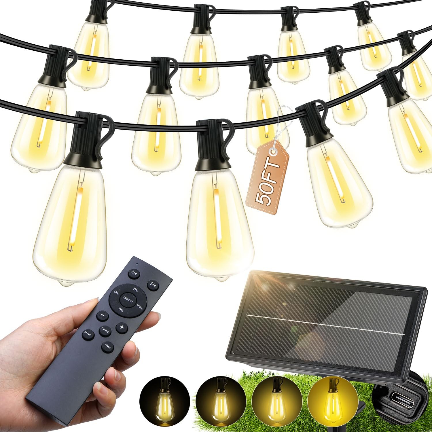 Solar Lights Outdoor Waterproof ST38 50FT 15M Shatterproof Bulbs Patio Lights... gallery