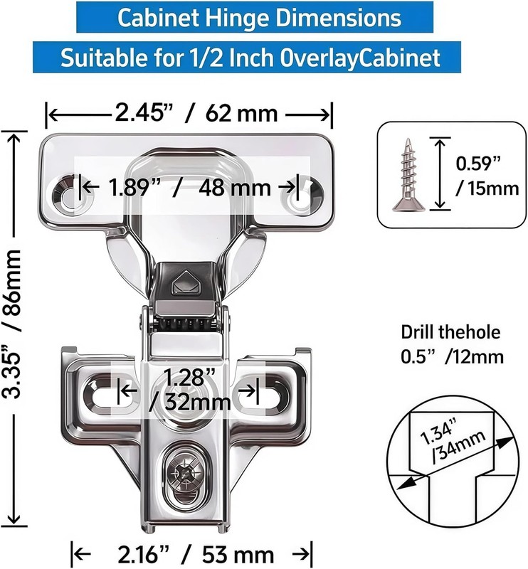 Concealed 105° Soft Close Cabinet Hinges - 24 Pack for 1/2" Overlay gallery