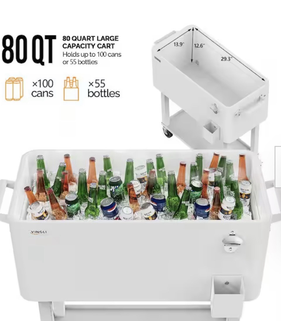 VINGLI 80 Qt White Rolling Party Cooler, Bottle Opener, 100 Cans/55 Bottles gallery