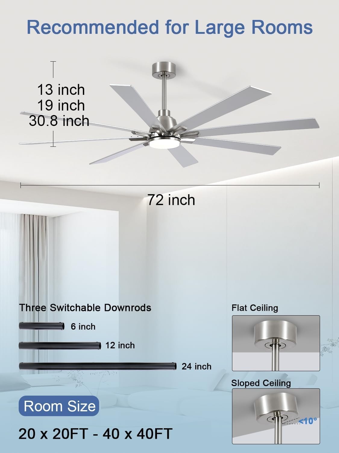 72 In Ceiling Fans with Lights and Remote, Pure Copper DC Motor Brushed Nickel gallery