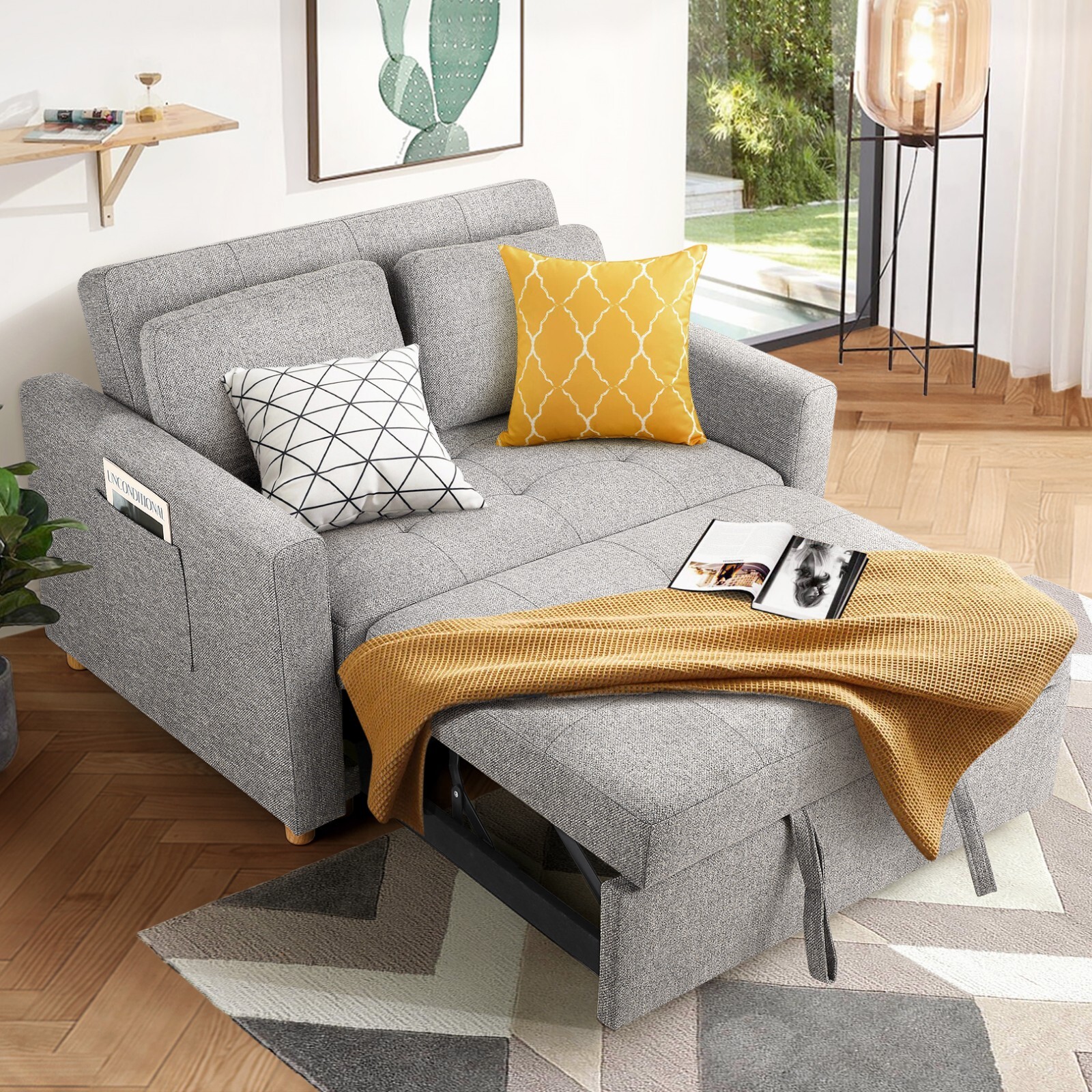 3-in-1 Convertible Pull Out Sleeper Sofa Bed with Storage Pockets & 2 Pillows US gallery