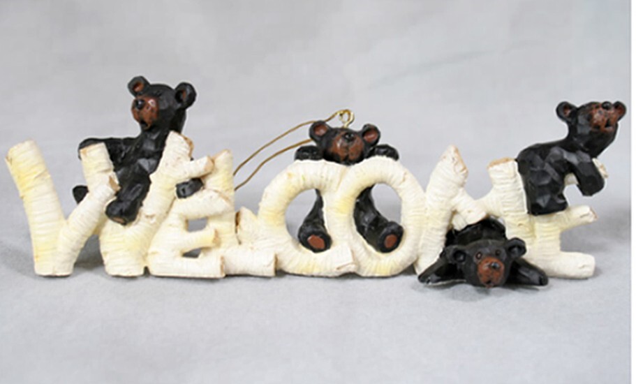 Small Whimsical Bear with Birch “Welcome” Ornament Figurine Indoor Home Decor gallery