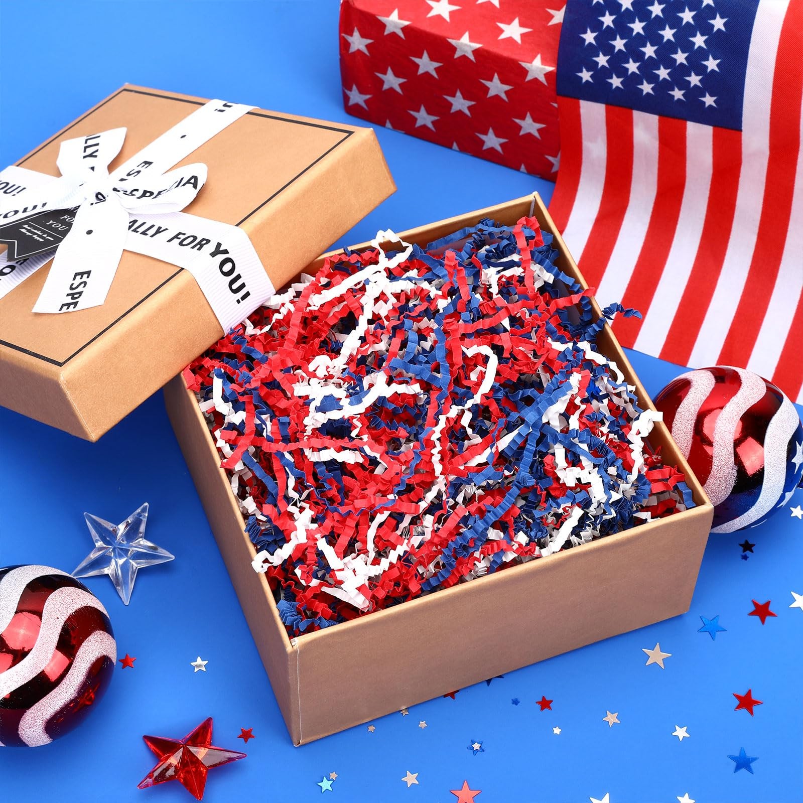 Patriotic Red White Blue Crinkle Cut Paper, 115g/4oz Shred Filler with Red White gallery