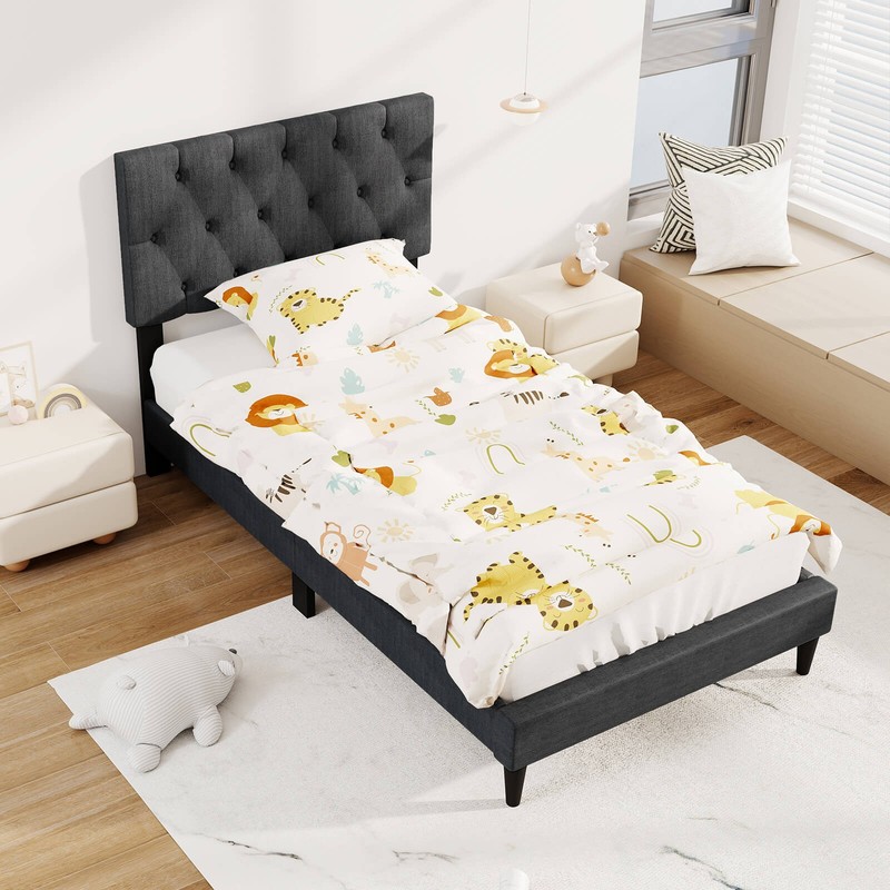 Twin Size Bed Frame with Button-Tufted Headboard & Wooden Slats Easy Assembly gallery