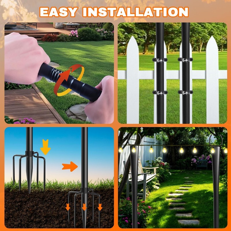 4 Pack 10Ft String Light Poles, Metal Poles with Fork for Outside Lights,Outdoor gallery