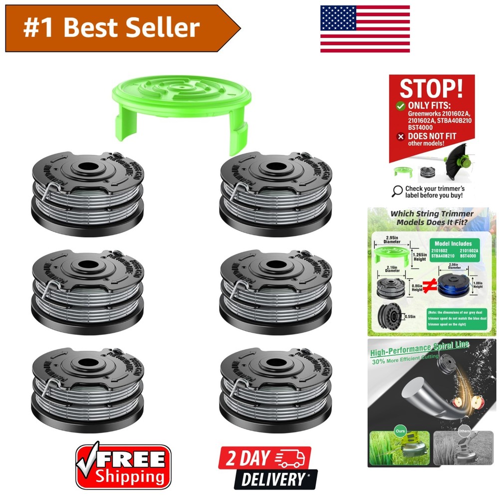 6 Spools + 1 Cap: Dual-Line Replacement for Greenworks Trimmers - Perfect Fit
