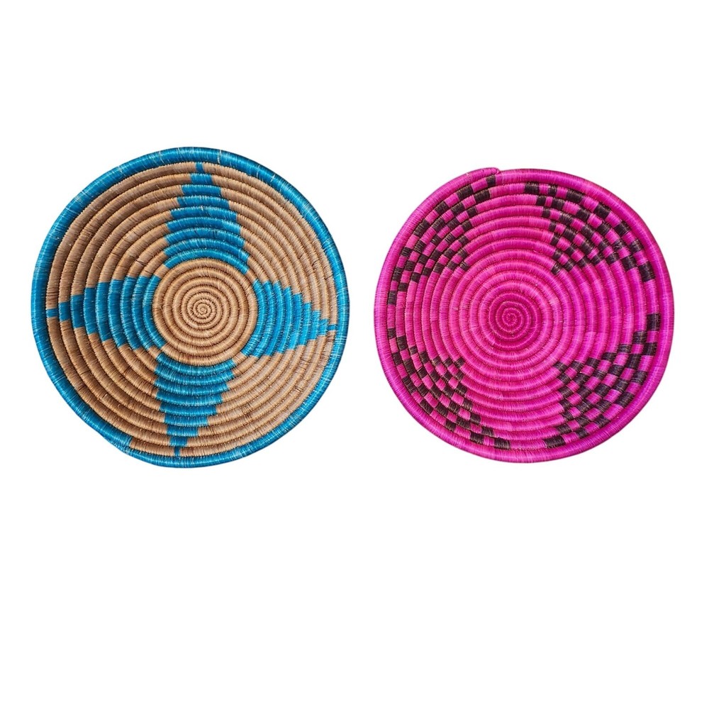 Round Wall Basket Set Decor and Storage Pink/Brown and Blue/Tan 8"