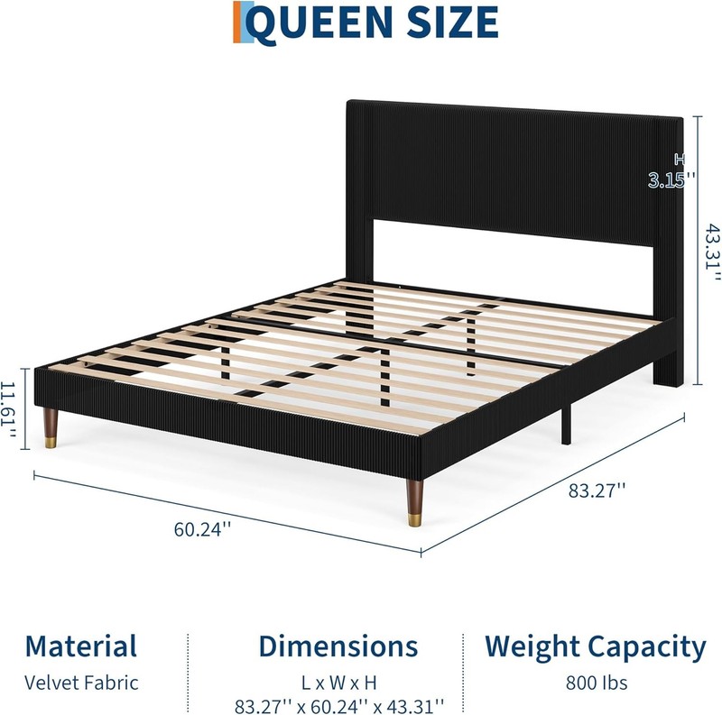Queen Size Upholstered Bed Frame,Black Platform Bed with Modern Fabric Headboard gallery