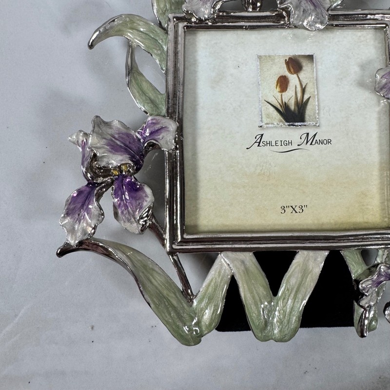 Ashleigh Manor Silver Tone Enameled Iris Photo Frame Floral 3x3 Picture Desktop gallery