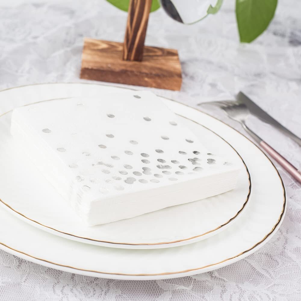80 Pack White Cocktail Napkins Silver Gold Foil Polka Dot 5x5 inch 3-Ply Party gallery