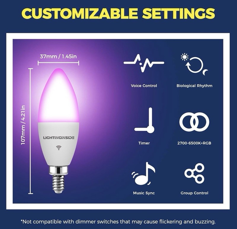 Lightinginside E12 Smart Light Bulb 60W Equivalent RGBCW LED Candelabra 4 Pack gallery