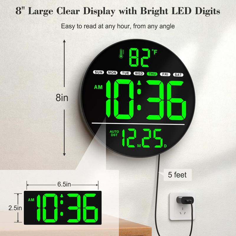 Large Digital Wall Clock LED Display Electric Temperature Auto DST Date Day gallery