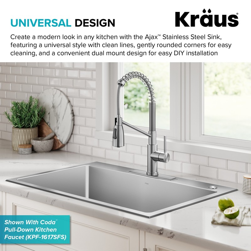 KRAUS Ajax 33" SS Drop-In/Undermount Single Bowl Sink-Certified Refurbished gallery