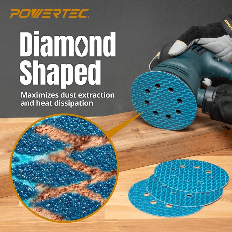 POWERTEC 5 Inch 8-Hole Hook and Loop Diamond Shaped Sanding Disc, 50PK, 120 Grit gallery