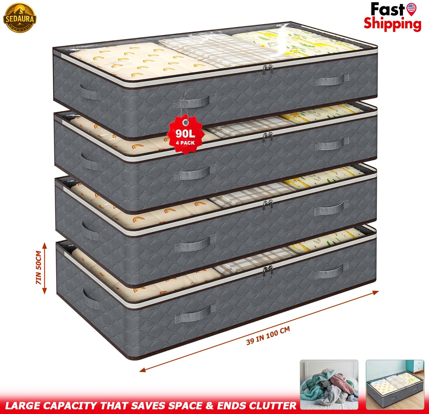Under Bed Storage Containers 90L 4 Pcs Transparent Underbed Storage Bins w/ Grey gallery
