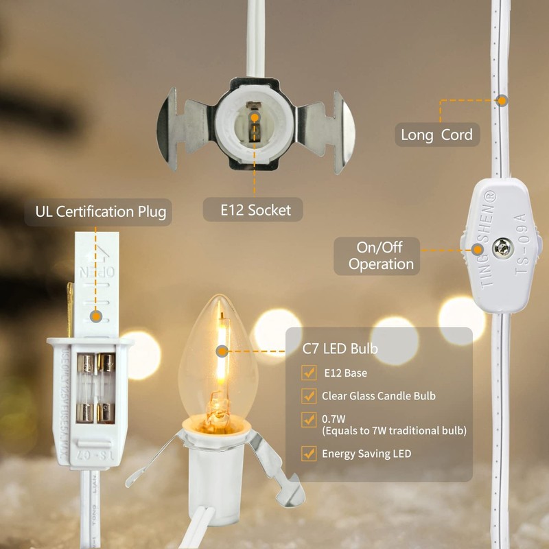 2 Pack Accessory Cord with 2 C7 Led Light Bulb Candelabra-Base E12 Socket White gallery