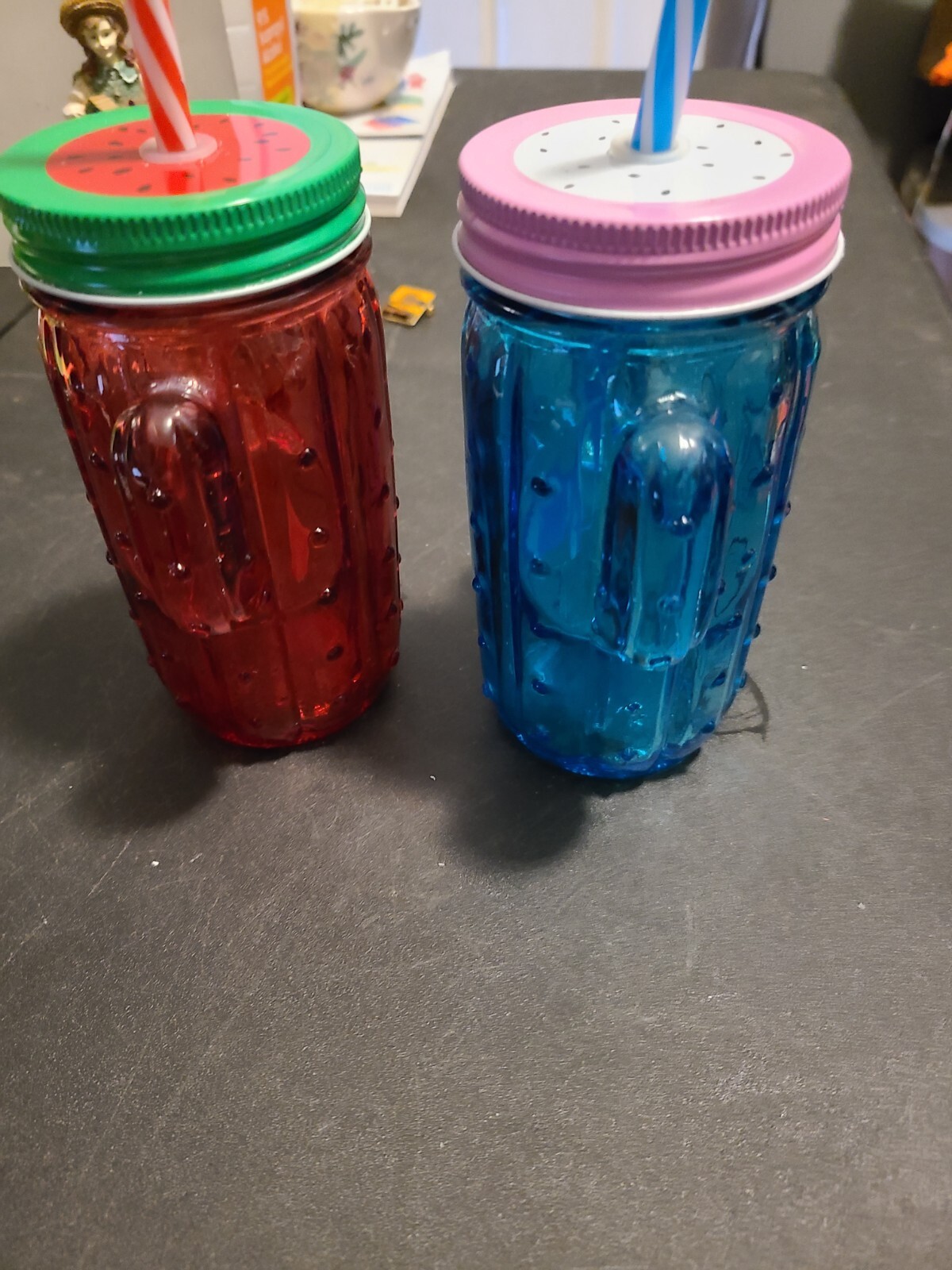Cactus Jar Red And Blue With Straw And Screw Top Lid Glass. 5.5 Inches Tall. gallery