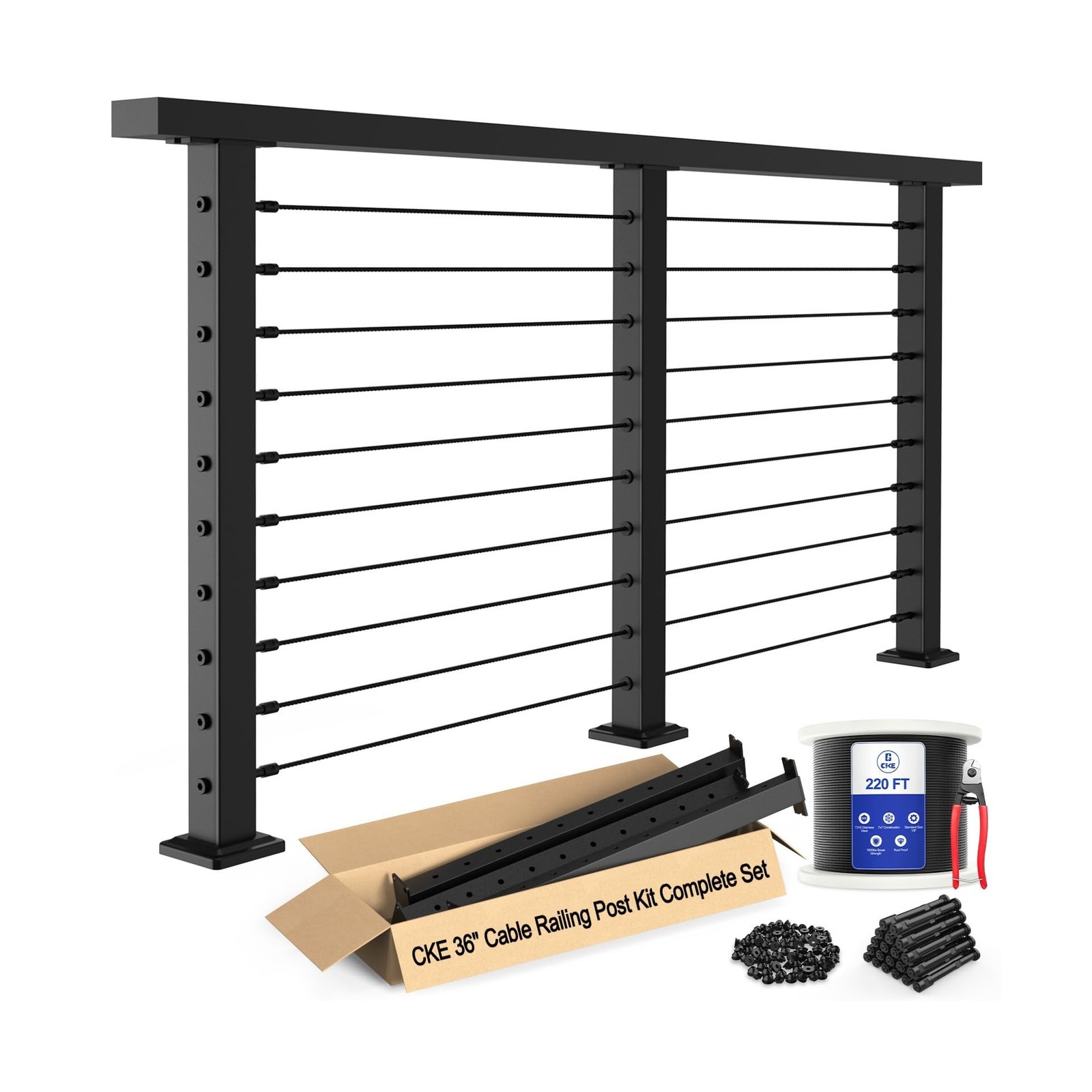 CKE 10ft-15ft Complete Set 36" Cable Railing Post Kit, 3Pack Black Level Dril... gallery