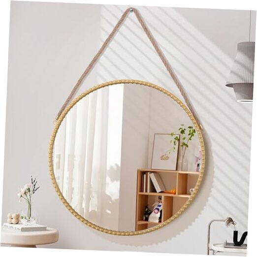 Circle Hanging Mirror Metal Framed Modern Wall 18"L x 18"W Bead & Gold gallery