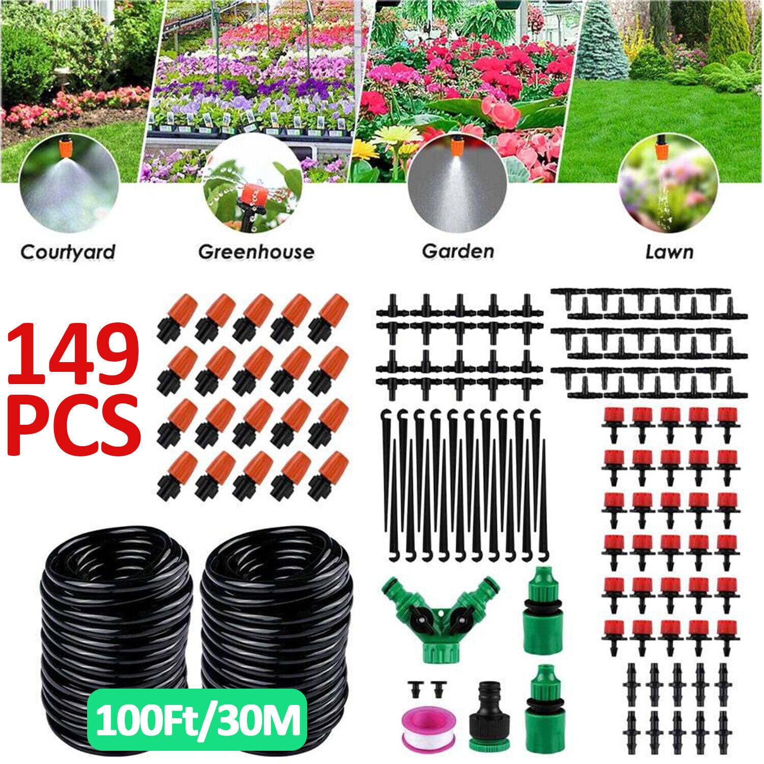 100ft Drip Irrigation System Garden Plant Self Watering Micro Hose Sprinkler Kit gallery