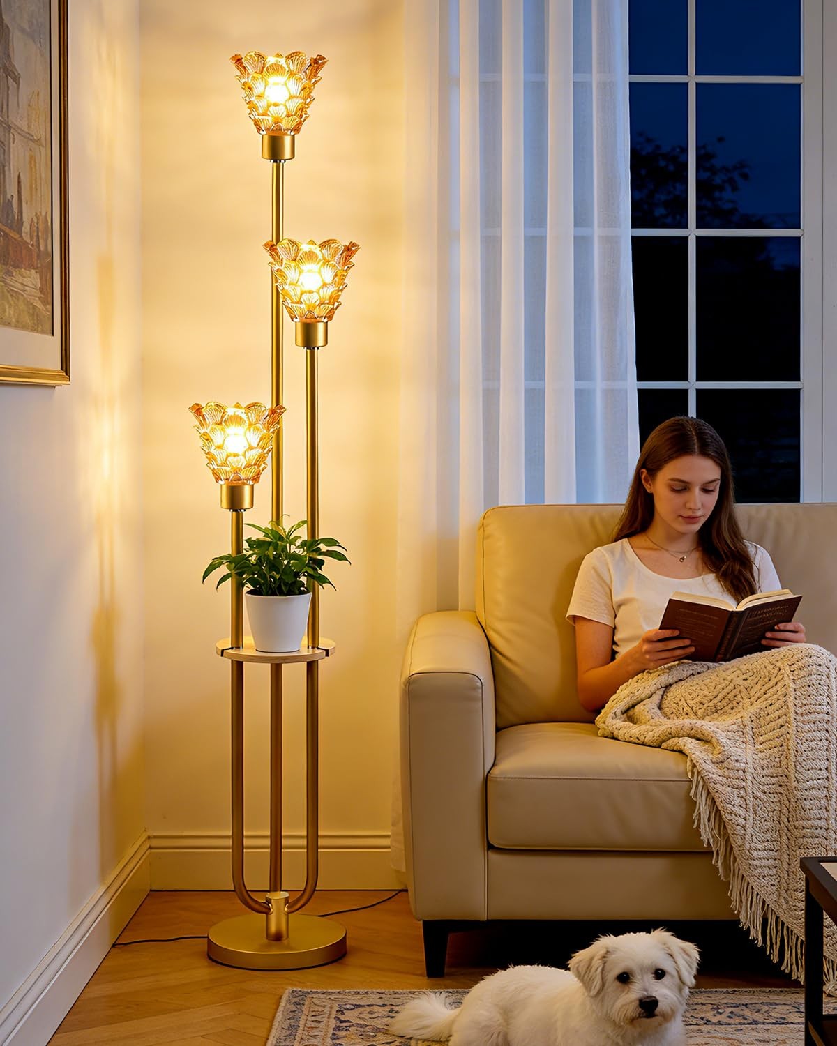 Amber Glass Floor Lamp with Shelf, 63IN Mid Century Modern Gold Floor Lamps w... gallery