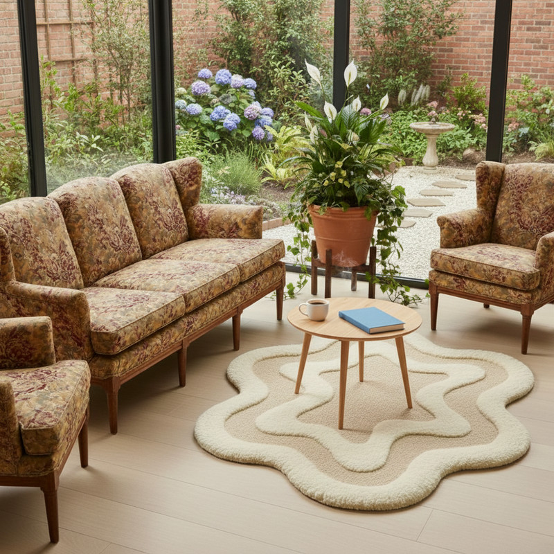 Hand Tufted Wool Wavy Rug: Sculpted High-Low Pile, Cream & Beige gallery