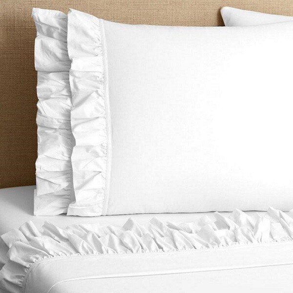 4 Piece Ruffled Sheet Set, Solid White 650 TC Egyptian Cotton, Pocket up to 26"