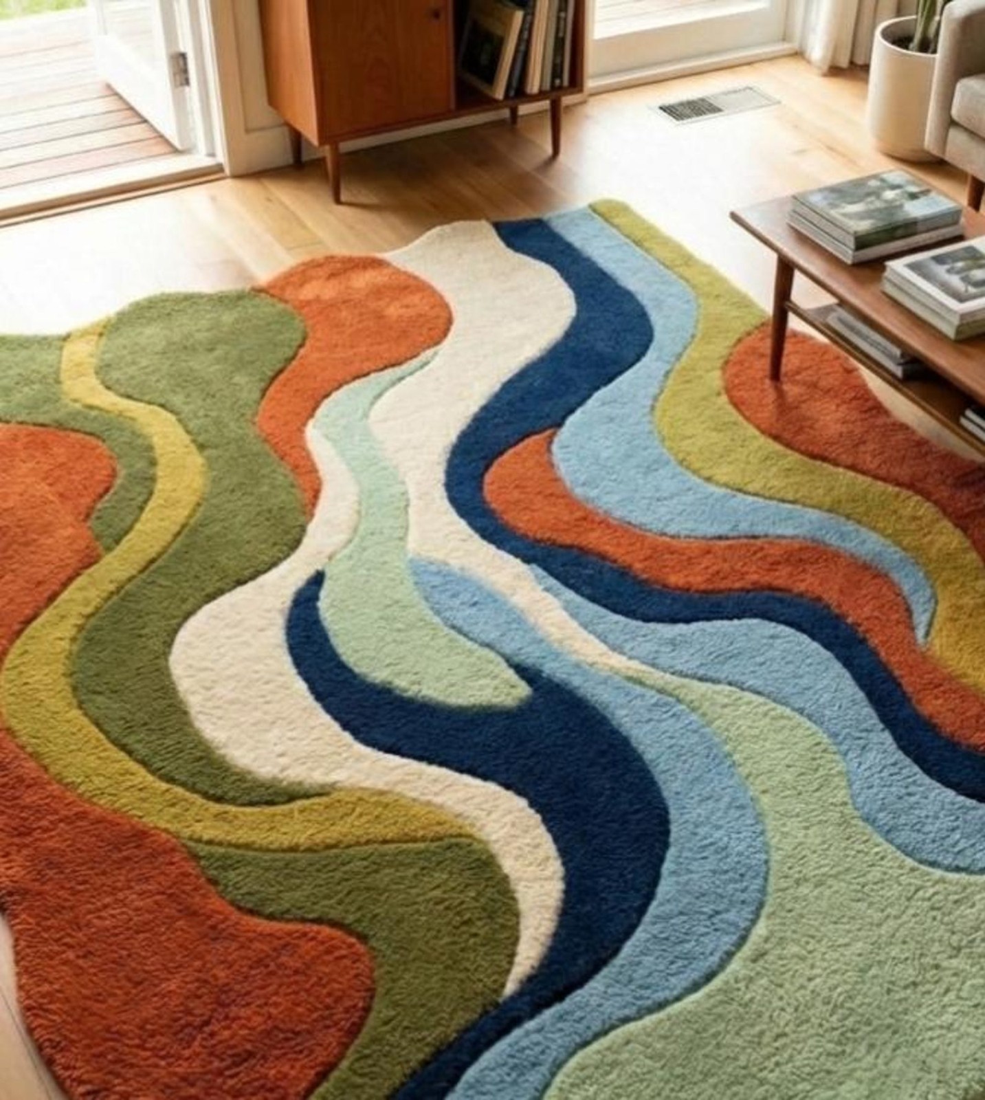 Modern Abstract Wave Rug Irregular Shape Navy Rust Sage Green Large Living Room gallery
