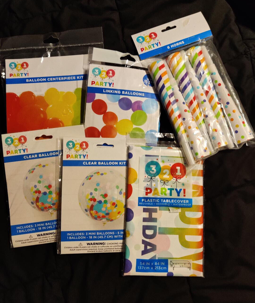 321 Party! Birthday Balloons Horns Tablecover Set lot of 6 NEW gallery