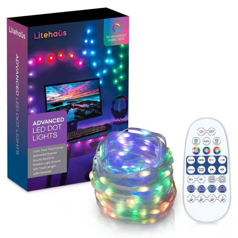 40 Ft. USB Powered Sound Reactive RGBIC Dot Lights with 28Key Remote Control gallery