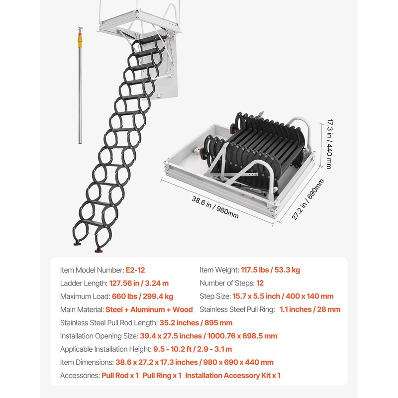 Steel Attic Ladder Ceiling-Mounted Attic Stairs for 9.5 to 10.2 ft Ceilings gallery