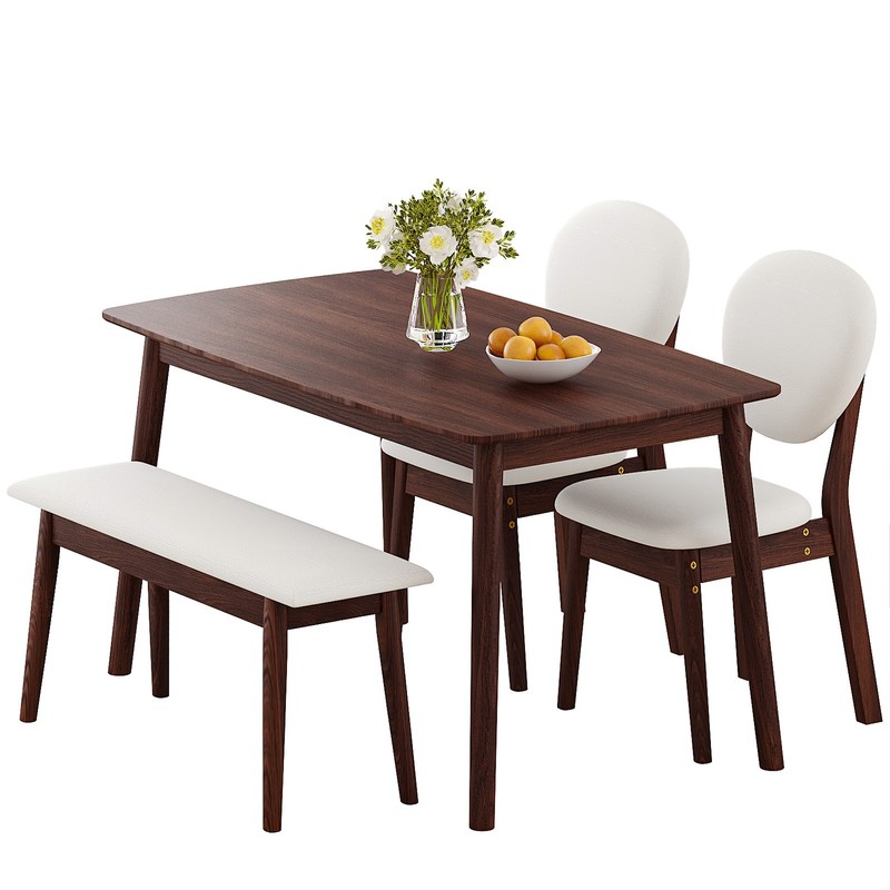 4 Piece Dining Table Set Solid Rubber Wood 2 Padded Chairs Bench Walnut Kitchen gallery
