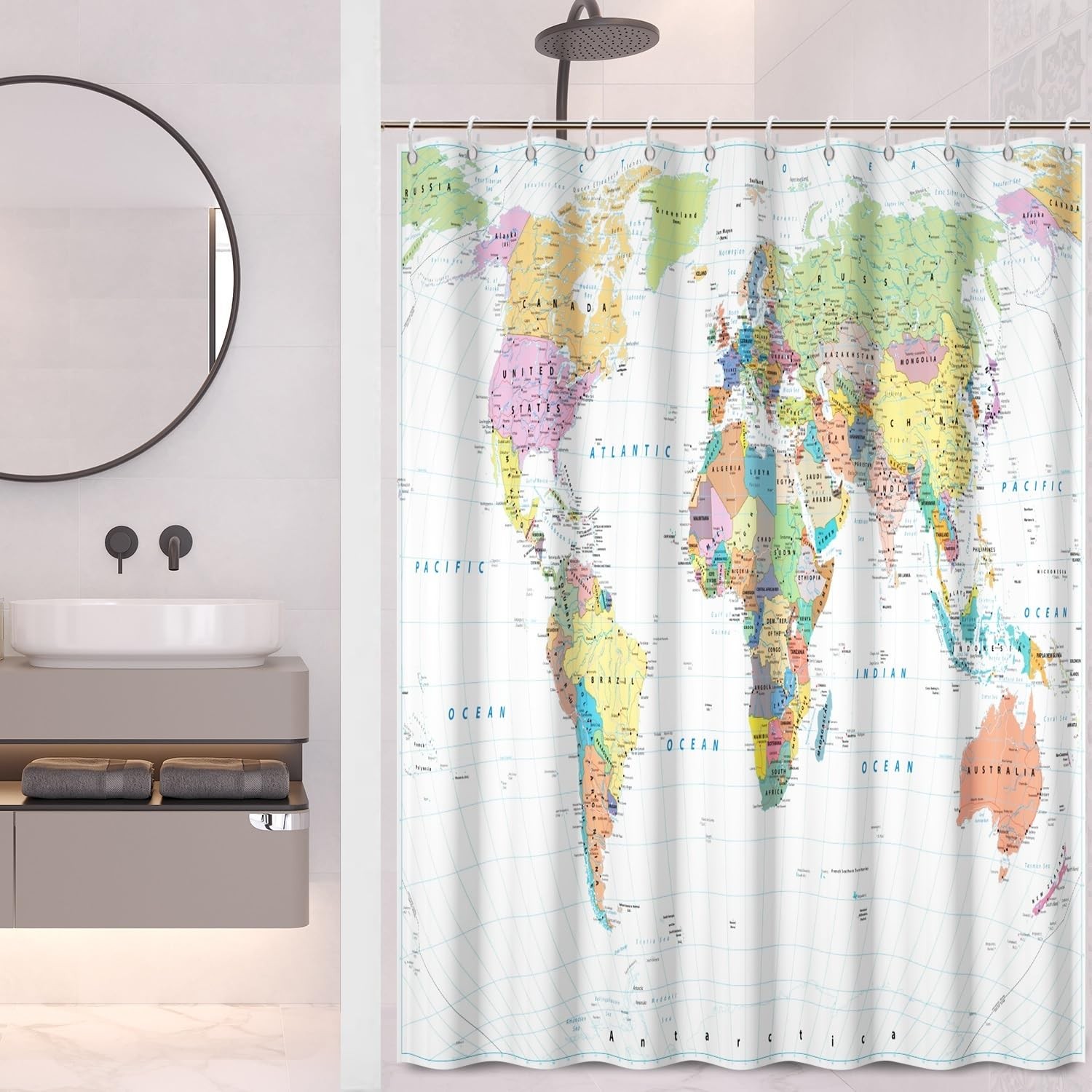 48x72inch World Map Shower Curtain Educational Geography Countries Colorful B gallery