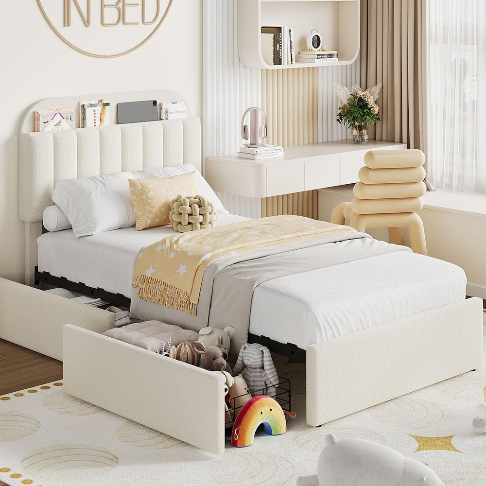 Twin Bed Frame Modern Headboard Boucle Upholstered Platform Bed with 2 Drawers