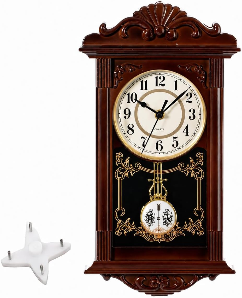 Vintage Grandfather-Style Wall Clock with Wood-Effect Plastic Pendulum, Battery- gallery