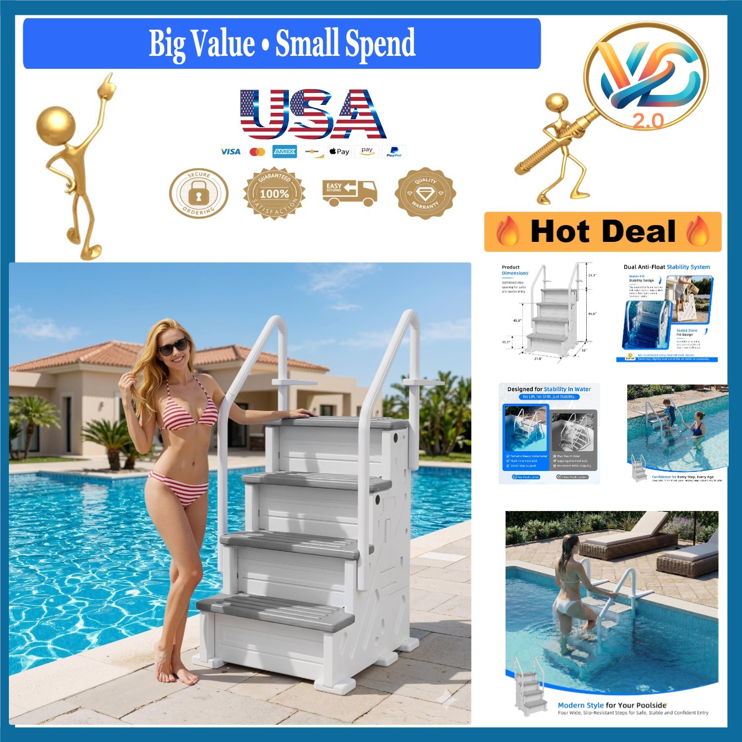 Heavy Duty Pool Ladder 4-Step Anti-Slip White/Gray for 46-58 Inch Pools gallery