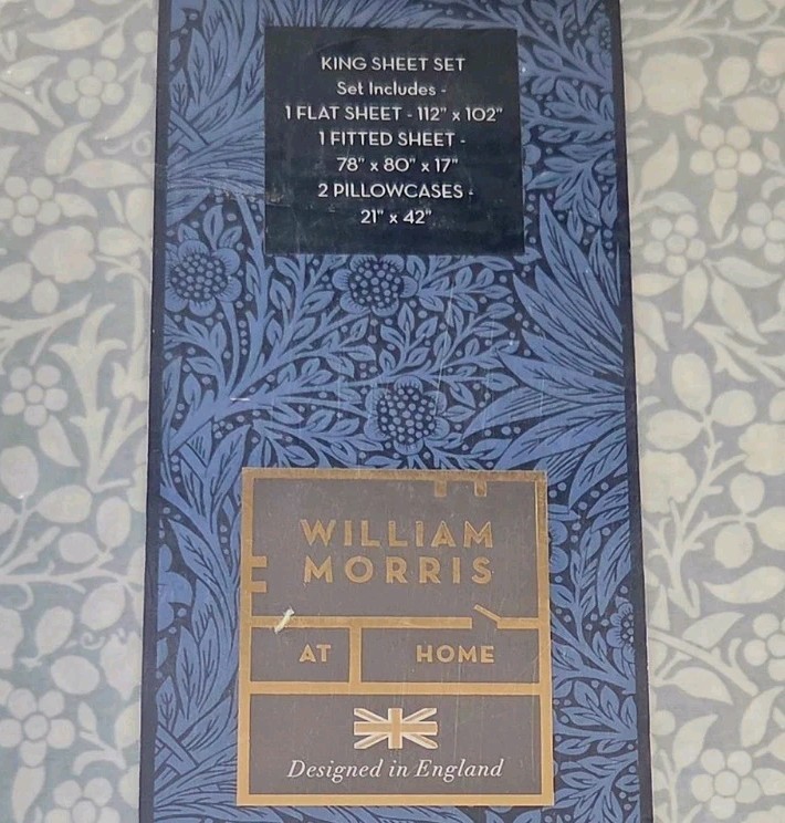 William Morris Cotton Percale Floral King Sheet Set of 4 Tonal Clover Soft Blue gallery