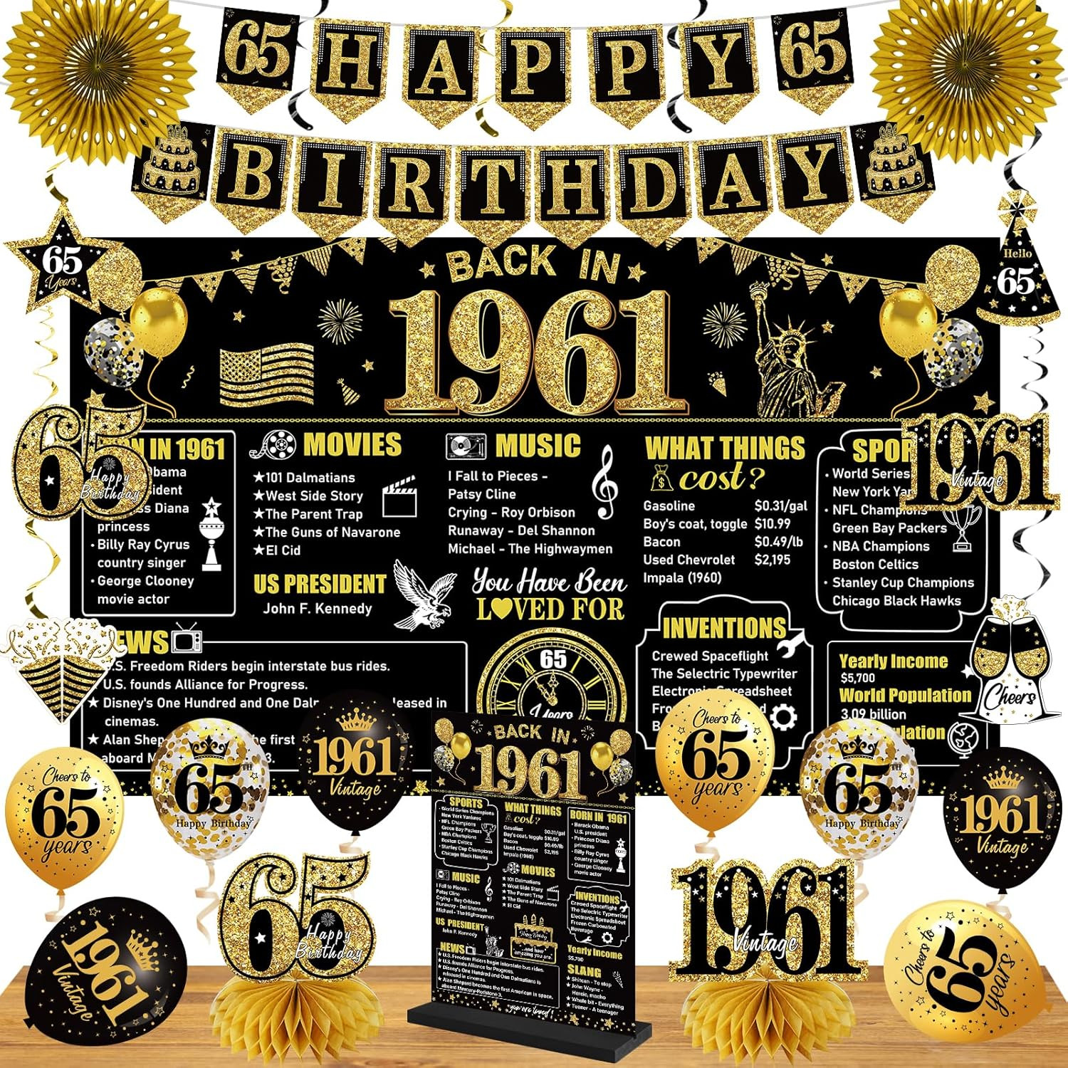 65Th Birthday Decorations Kit for Men Women, Black Gold 24PCS Back in 1961 Banne gallery