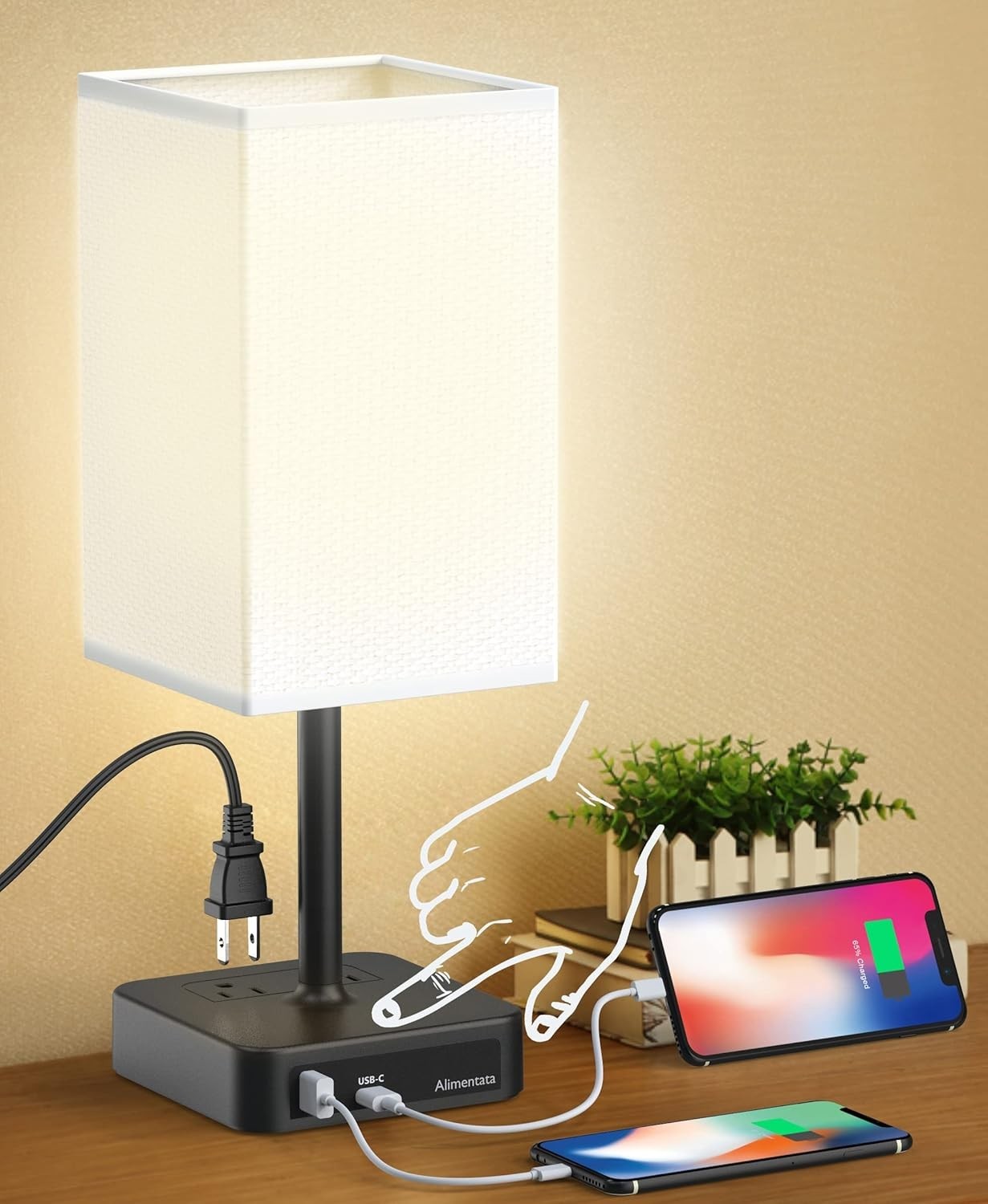 Touch Control Bedside Table Lamp with USB C & USB a Charging Port and 2 AC Outle gallery