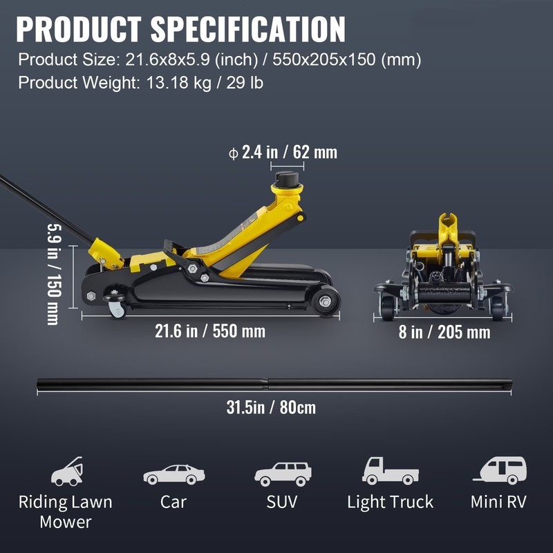 KFFKFF 2.5 Ton Low Profile Floor Jack, Durable Steel Construction with Single Pi gallery