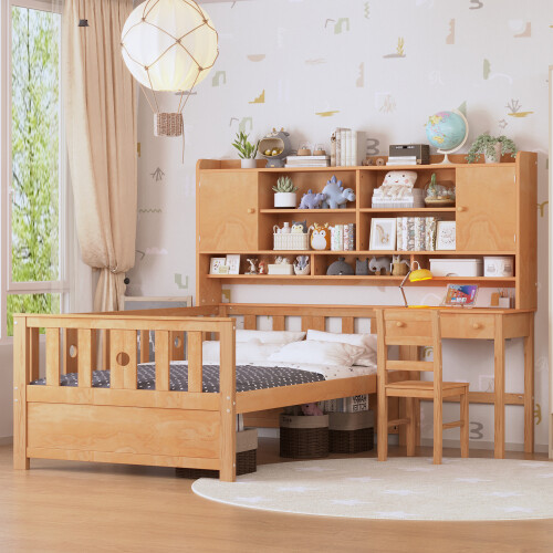 Multifunctional Wood Platform Bed Frames with Desk and Chair Storage Bookshelves