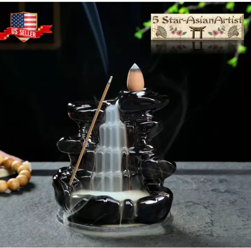 Ceramic Backflow Incense Burner Holder Lotus Waterfall & Incense Cones Gift gallery