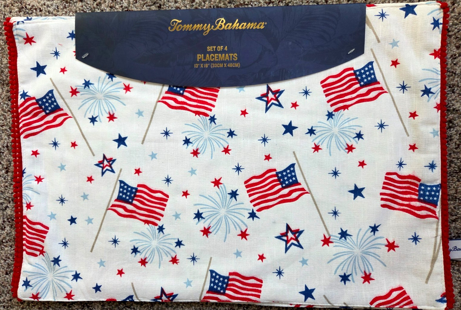 4pc Tommy Bahama Flag Stars & Fireworks REVERSIBLE America Placemats Cloth 19x13 gallery