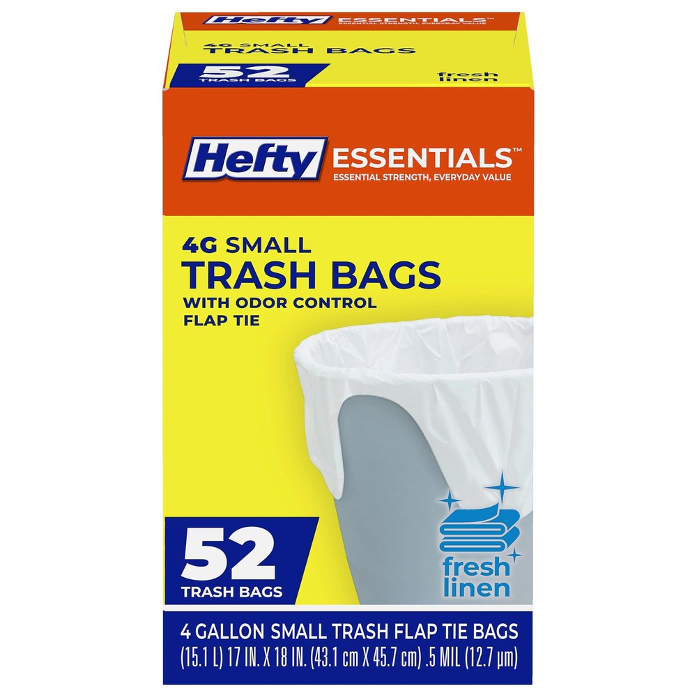 Hefty Essentials Flap Tie 4 Gallon Trash Bags, 52 1 Count (Pack of 52), White