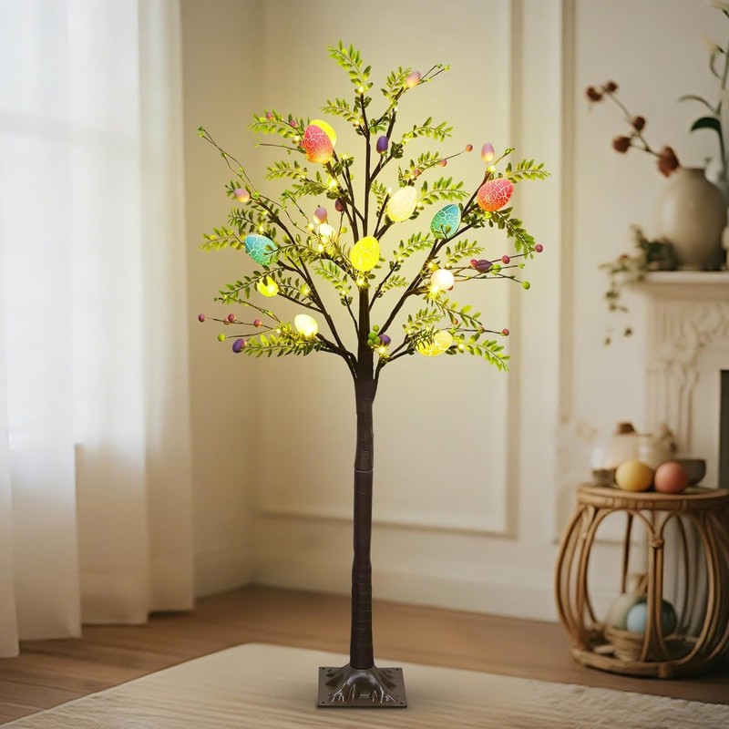4FT Lighted Easter Tree with Timer, Pre-Lit Artificial Egg Trees with Co gallery