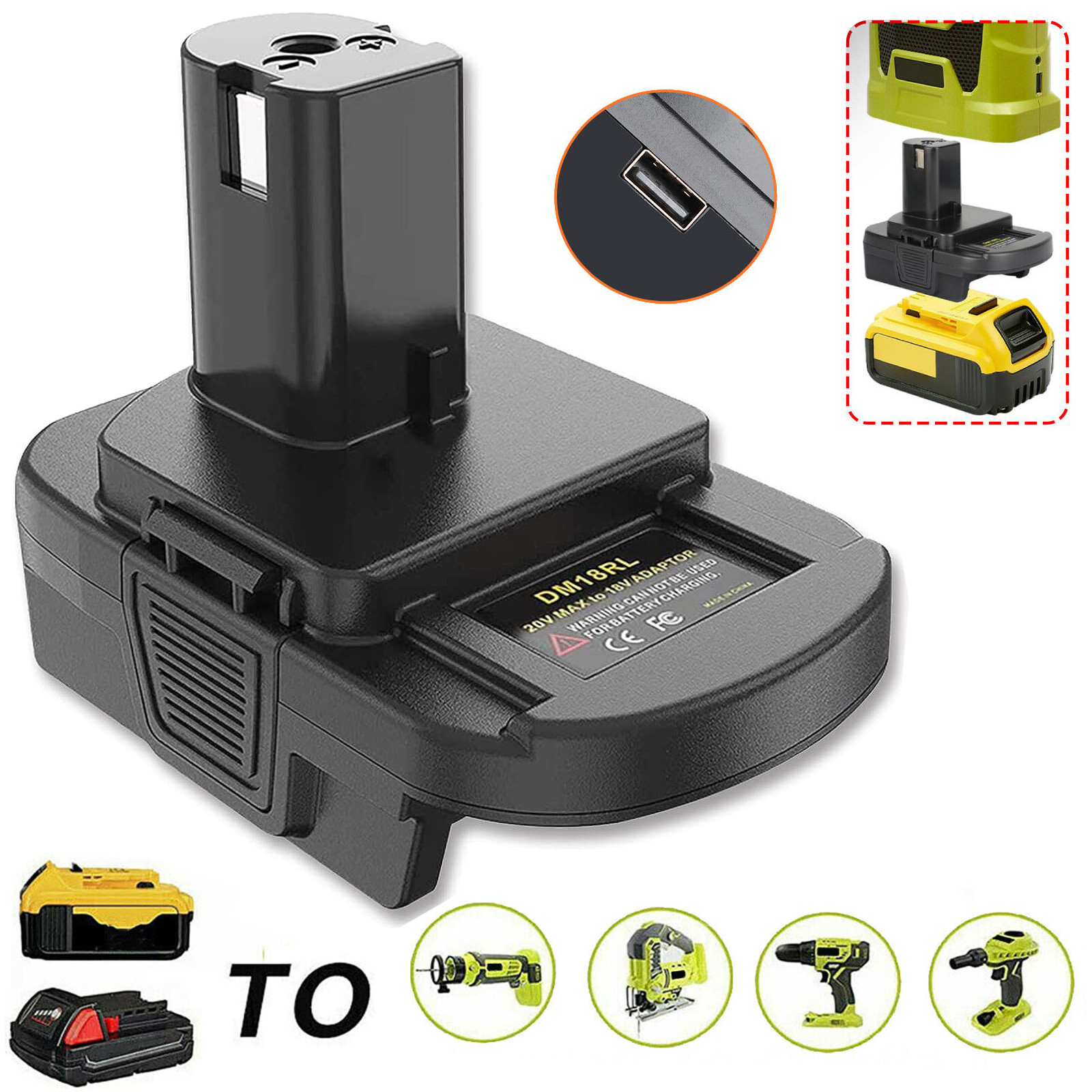 Battery Adapter for DeWalt 20V Milwaukee 18V to Ryobi 18V Tools with USB Port gallery