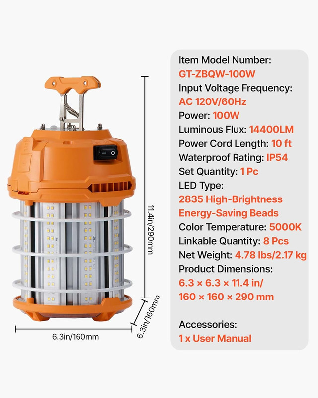 LED Temporary Work Light, 100W, 14400 Lm, 5000K Durable & Water-Resistant, Linka gallery