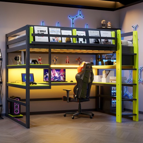 Full Size Gaming Loft Bed with Desk, Storage Shelves Solid Wood Loft Bed Frames gallery